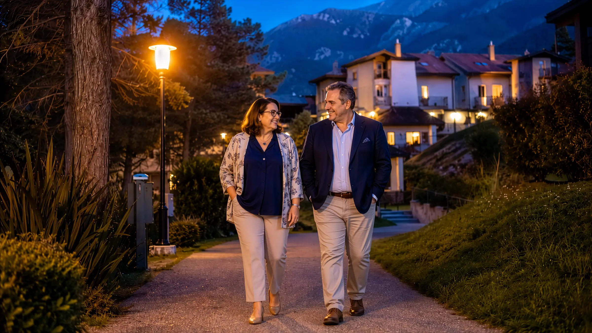Cuplu ușor supraponderal mergând relaxat seara într-o zonă montană